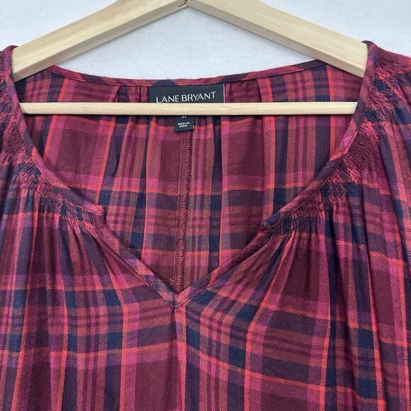Lane Bryant Top Women 22 Red Plaid Long Sleeve Rayon Cottage Boho Peasant Preppy - Picture 2 of 11